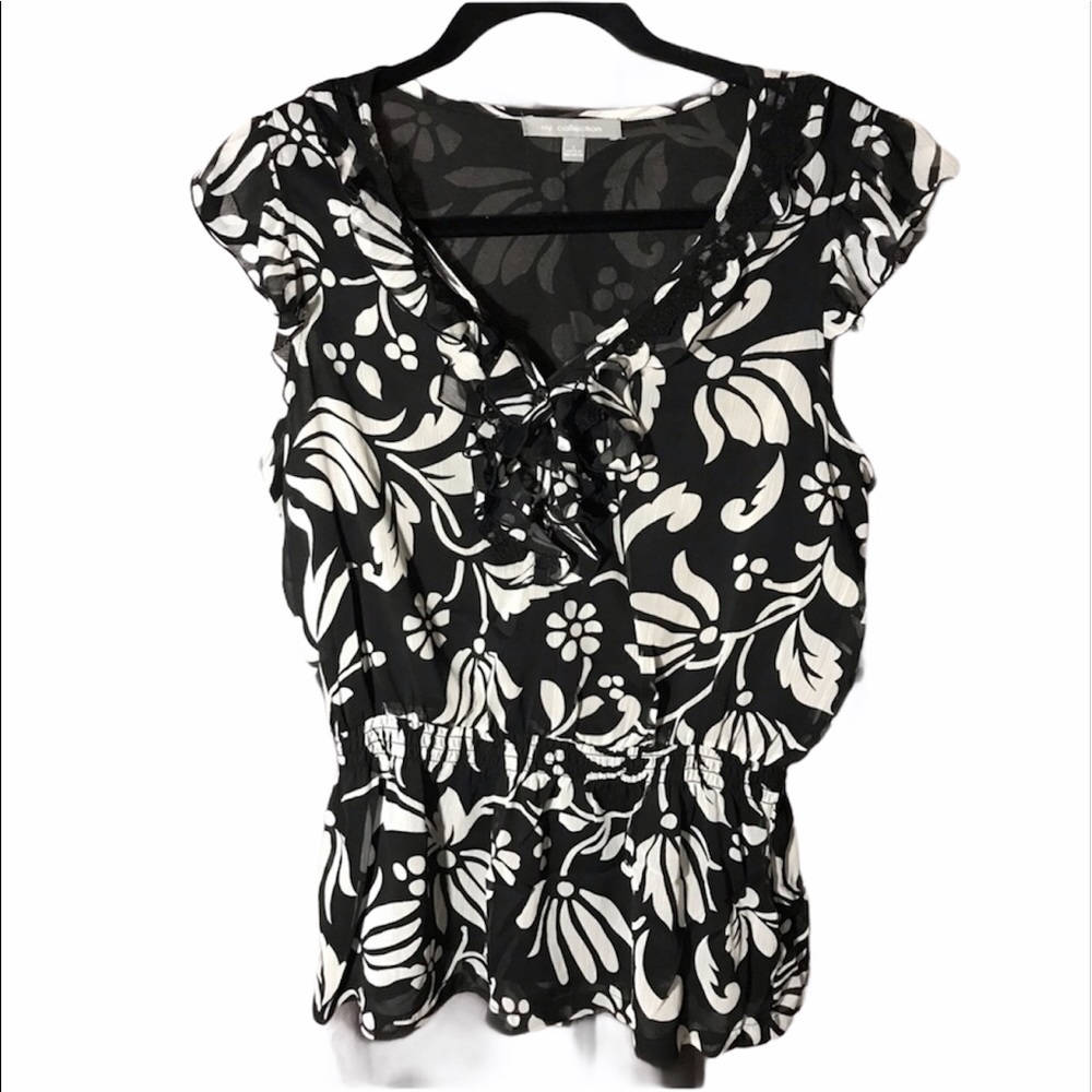 NY Collection black white floral sheer lined Large